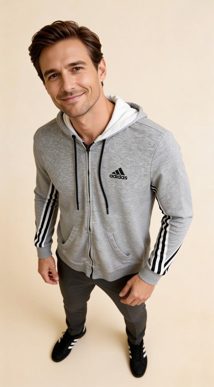 Adidas Unisex Gray Full Zip Hoodie Small Logo Sweatshirt Black Stripe Sz S